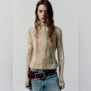 Zara Crewneck Sweater in Cream, Green & Pink Wash